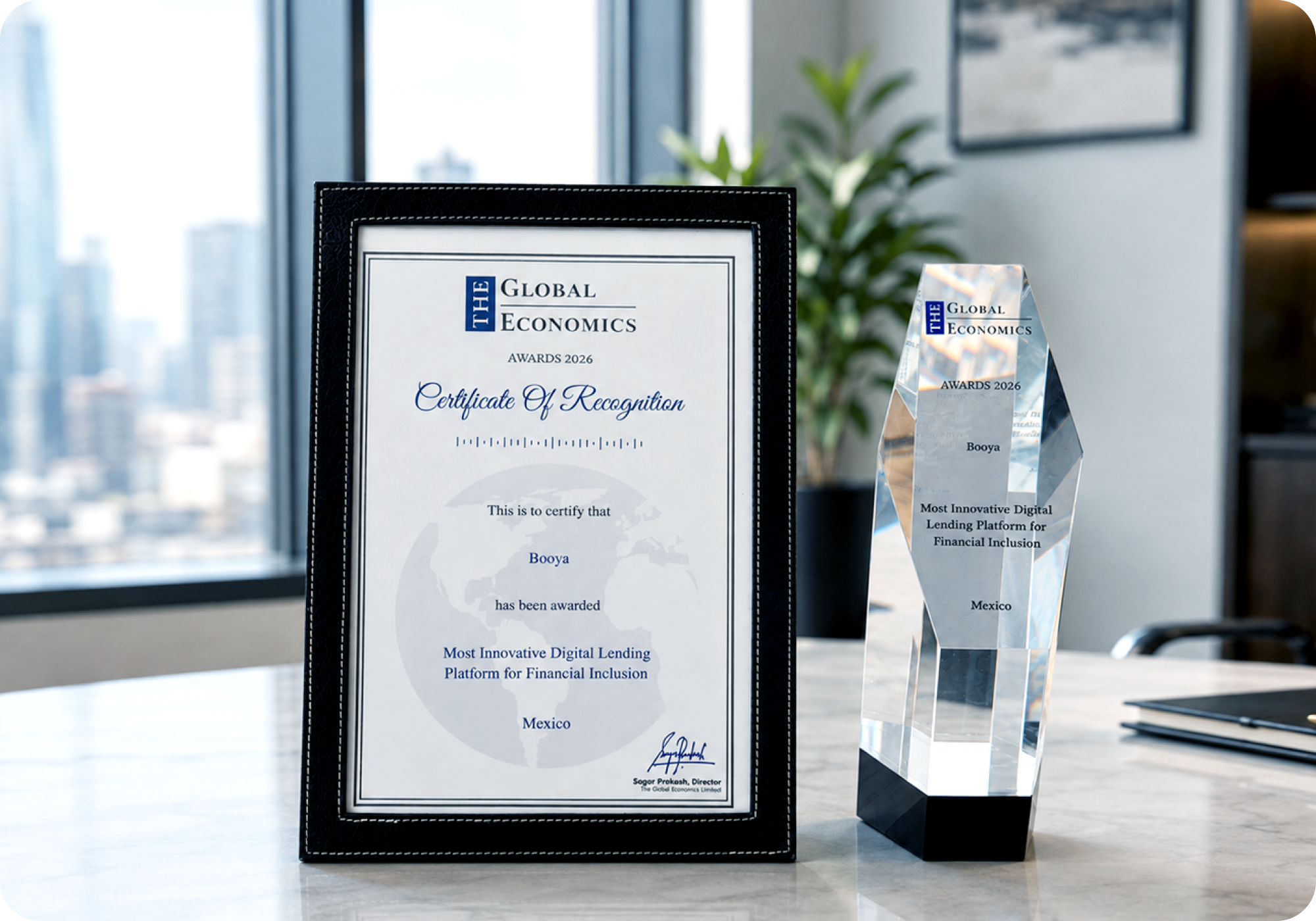 Certificado de reconocimiento de The Global Economics para Booya