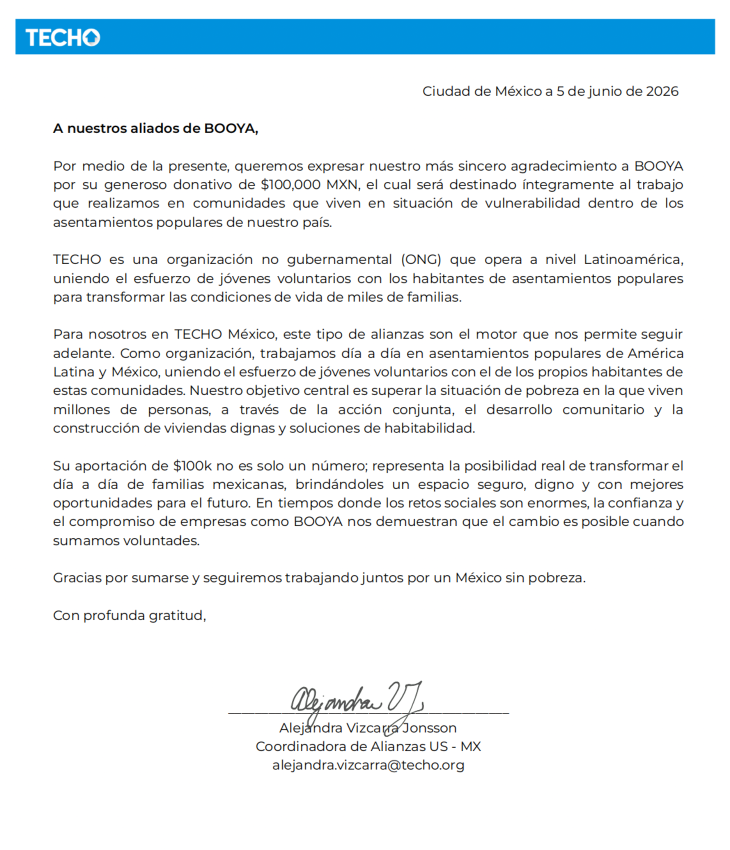 Carta de agradecimiento de TECHO México a Booya